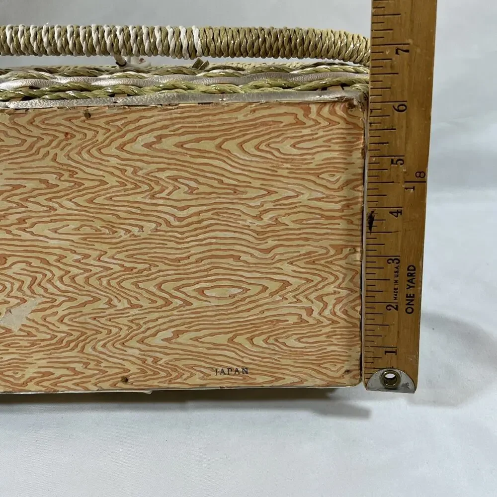Vintage Woven Straw Wicker Sewing Basket Box Handle Satin Lining Rectangle